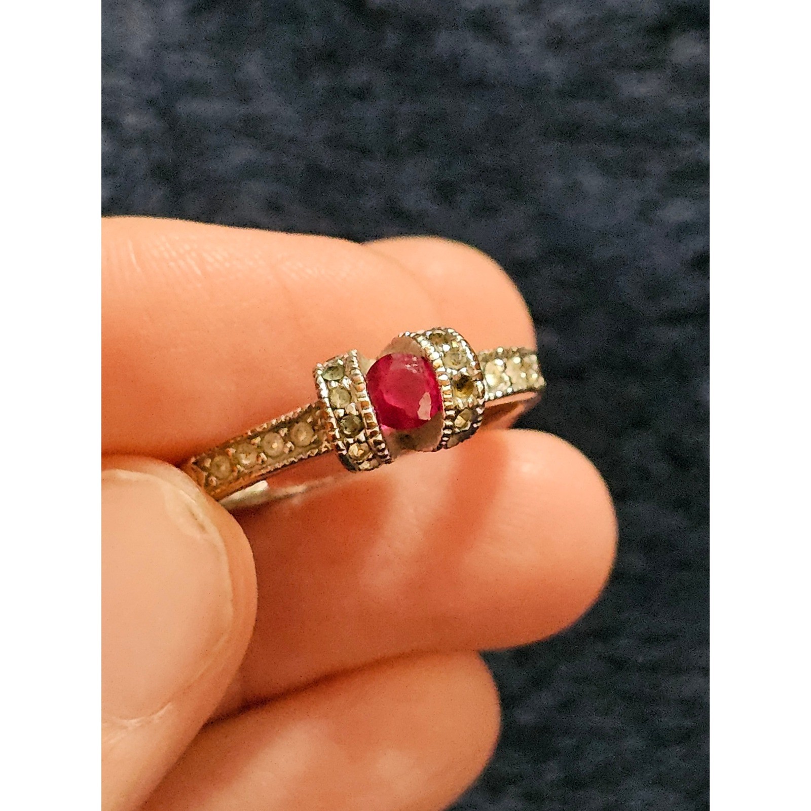 Vintage Style Red Ruby Glass Silver Tone Pave Accent Ring Sz 7.25 Milgrain Band