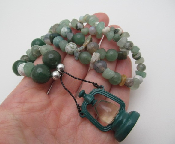 Multi Green Natural Stone Jade Agate Fluorite Enamel & Glass Lantern Necklace