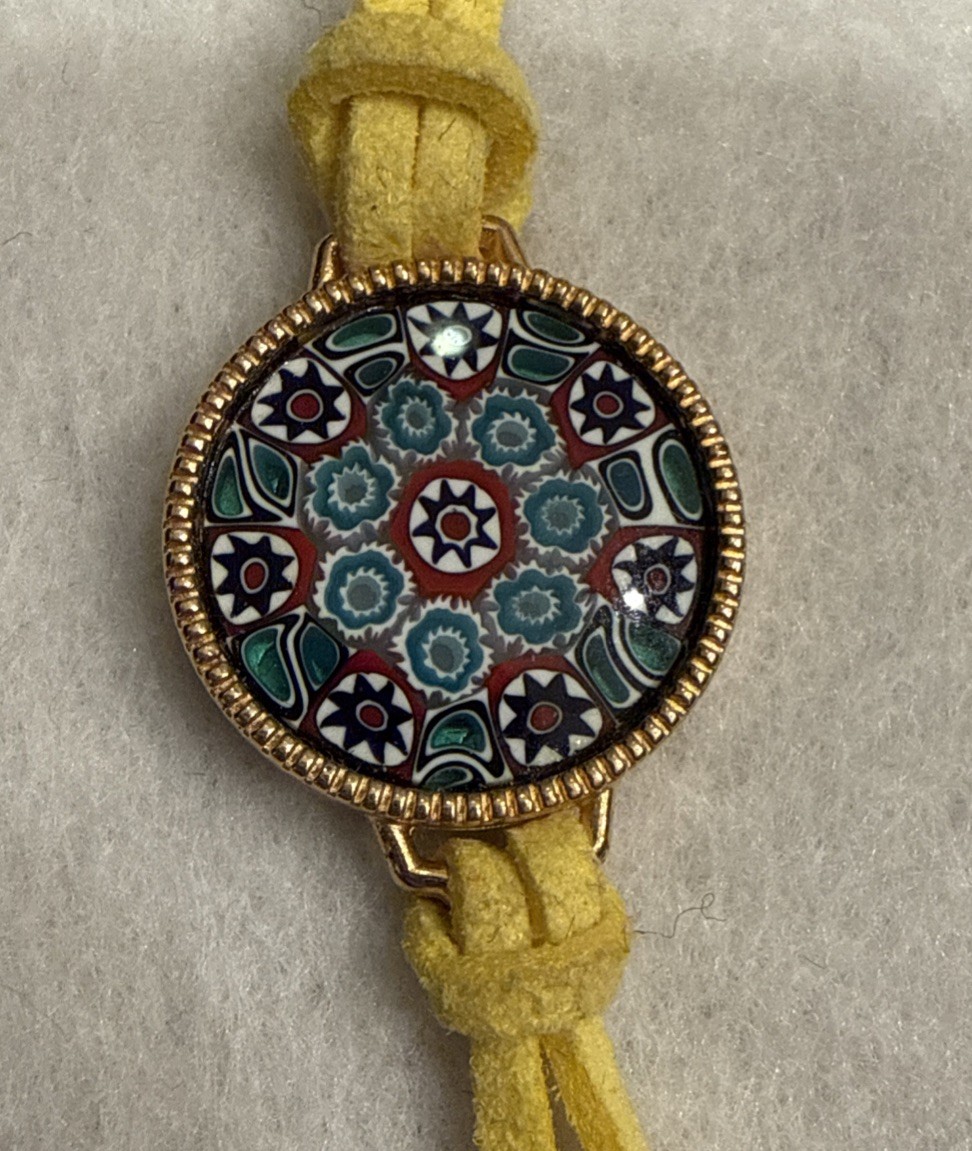 Vintage Murano Millefiori Glass Bracelet Yellow Suede Italy Boho Floral Art