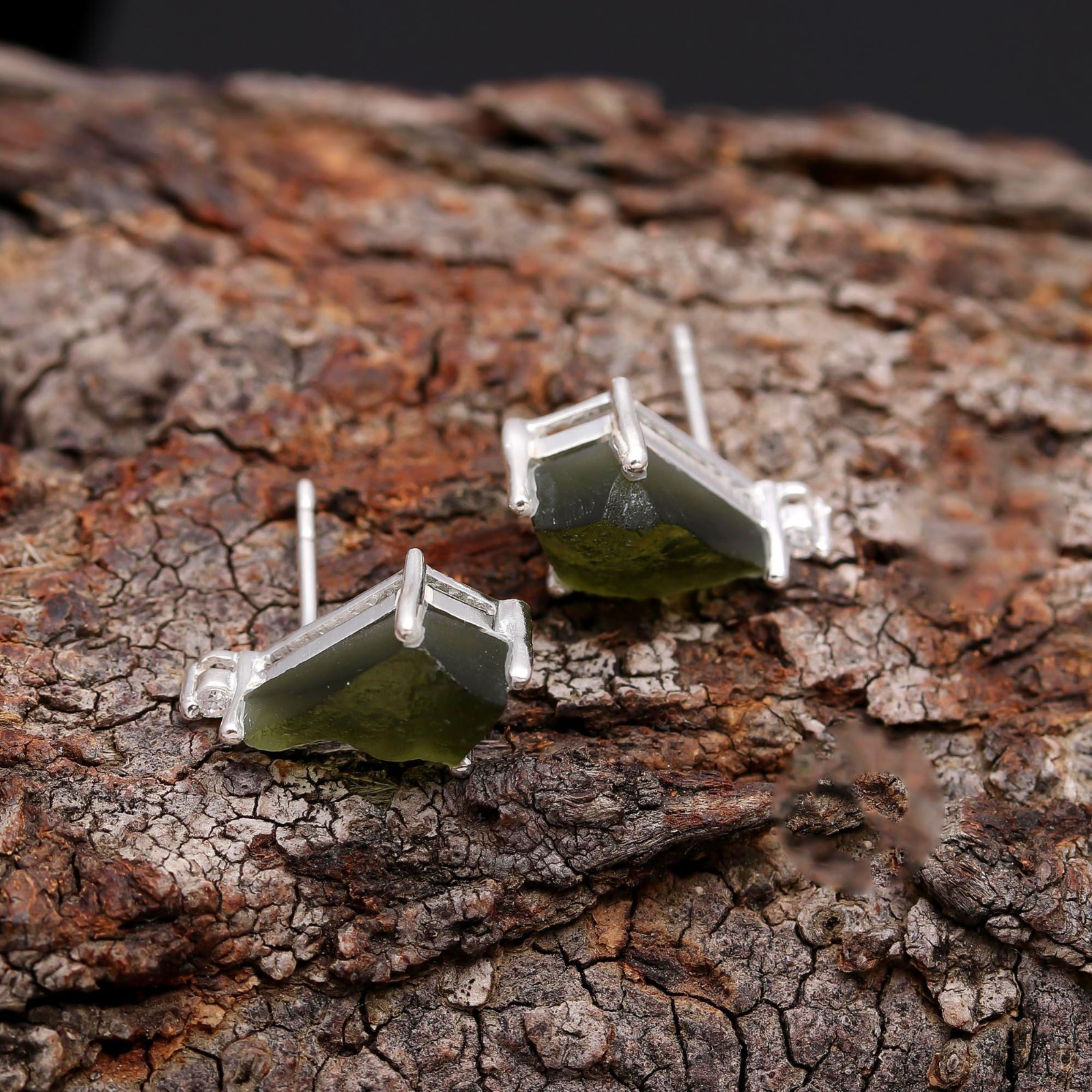 Czech Republic Moldavite Kite Stud Earrings 925 Sterling Silver Unique Jewelry