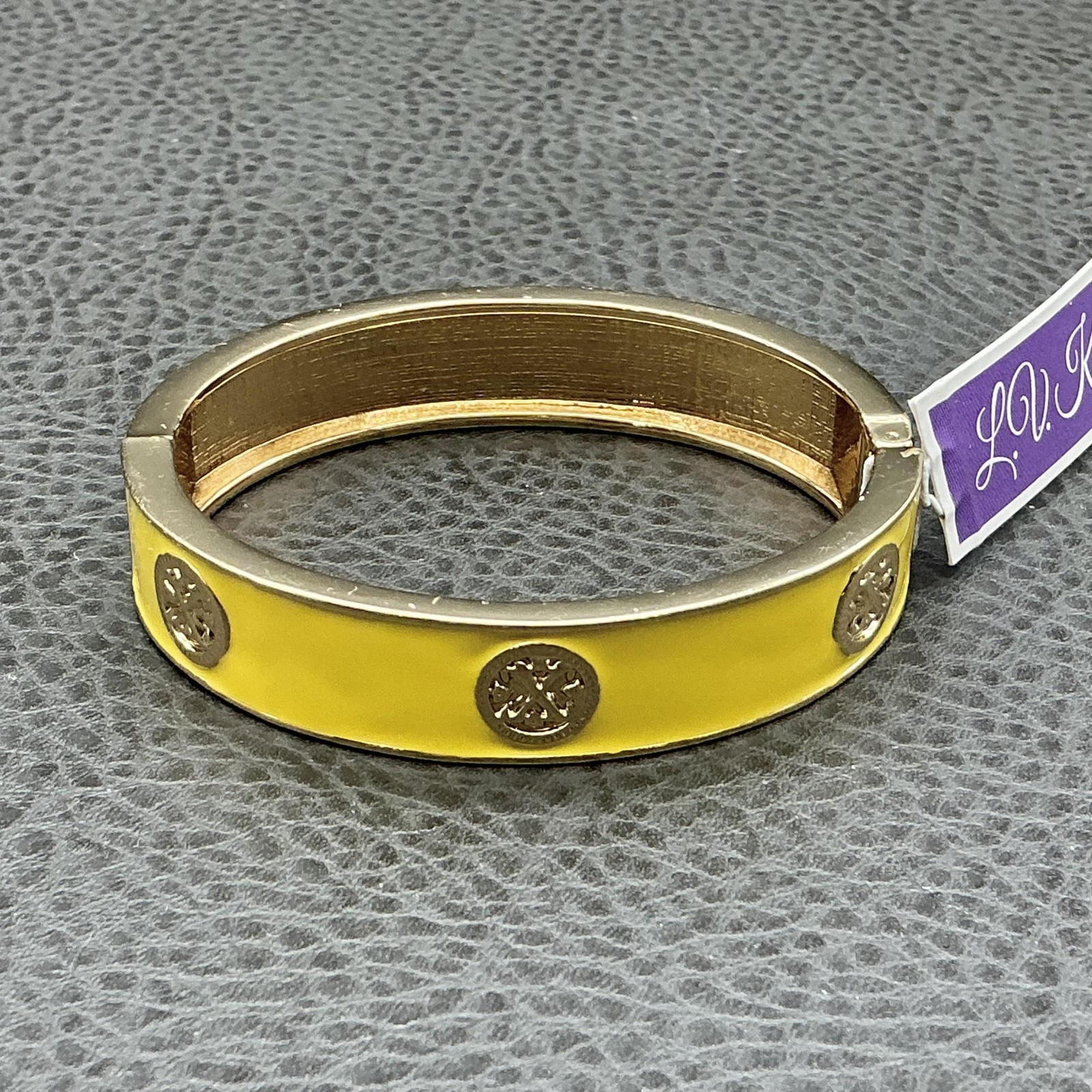 LVK Bracelet Yellow Enamel Bangle Coin Medallion Womens 7 Inch Fashion Jewelry