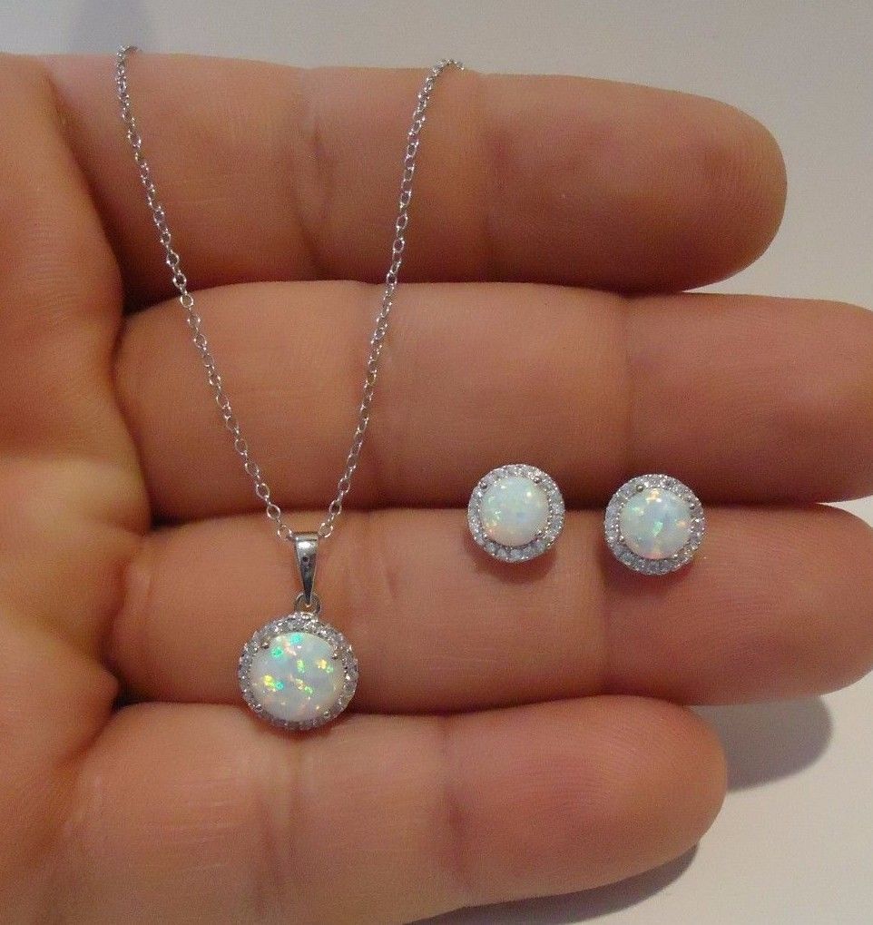 925 STERLING SILVER EARRING & NECKLACE PENDANT SET W/ 4 CTS OPAL & ACCENTS