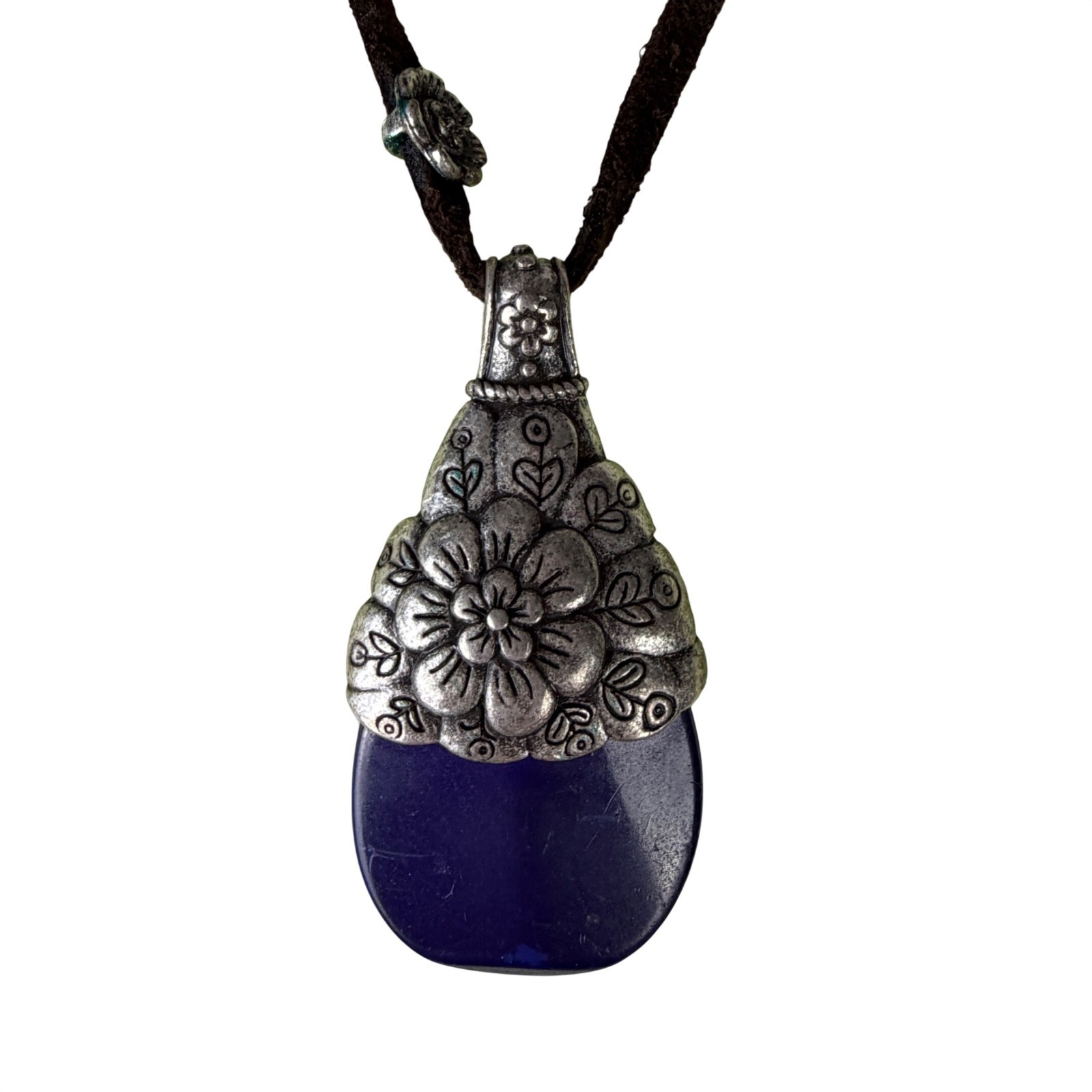 Lucky Brand Blue Stone Floral Pendant Necklace Silver Tone Brown Cord Boho Tie