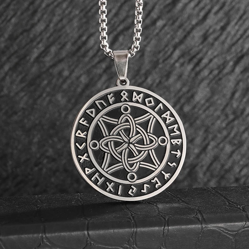 Nordic Knot & Runes Stainless Steel Necklace Spiritual Pendant 23.5 Inch Chain