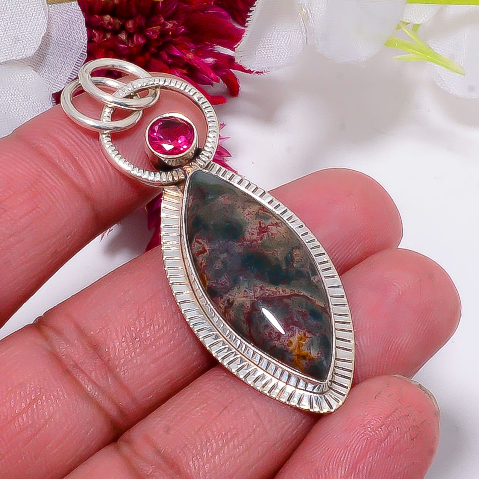 Bloodstone / Heliotrope925 Sterling Silver Pendant 2.26″, Christmas Gift P57131