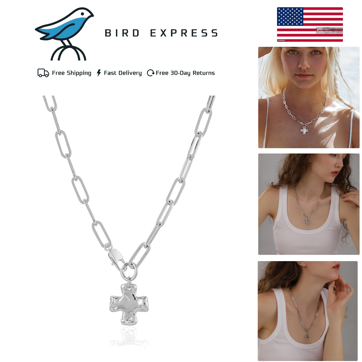 Statement Silver Chunky Hammered Cross Pendant Necklace Trendy Paperclip Chain