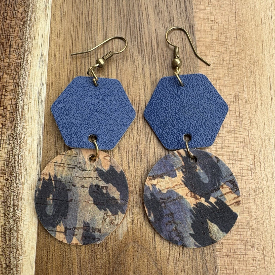 Hexagon & round blue/multicolor faux leather dangle hook earrings