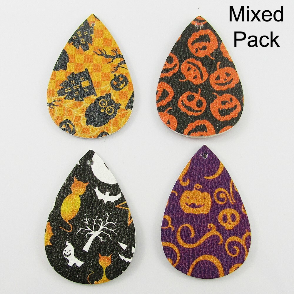 Bulk 8pce Halloween Print Charm Pendant Teardrop PU Leather Select Colour