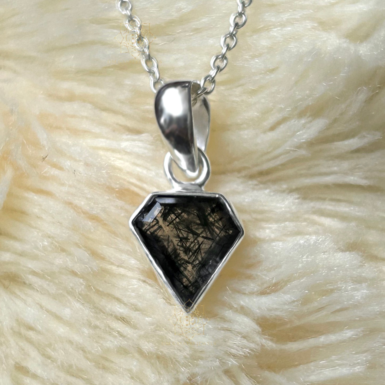 Pentagon Black Rutile Quartz Pendant Sterling Silver Handmade Jewelry 8mm