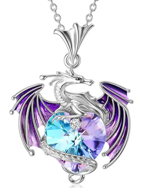 Gothic Dragon Wrapped Around Heart Pendant Chain Necklace – Purple / Blue 🐉