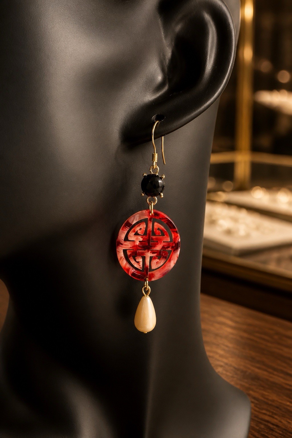Asian Inspired Red Marbled Acrylic Longevity Shou Dangle Earrings Gold Tone