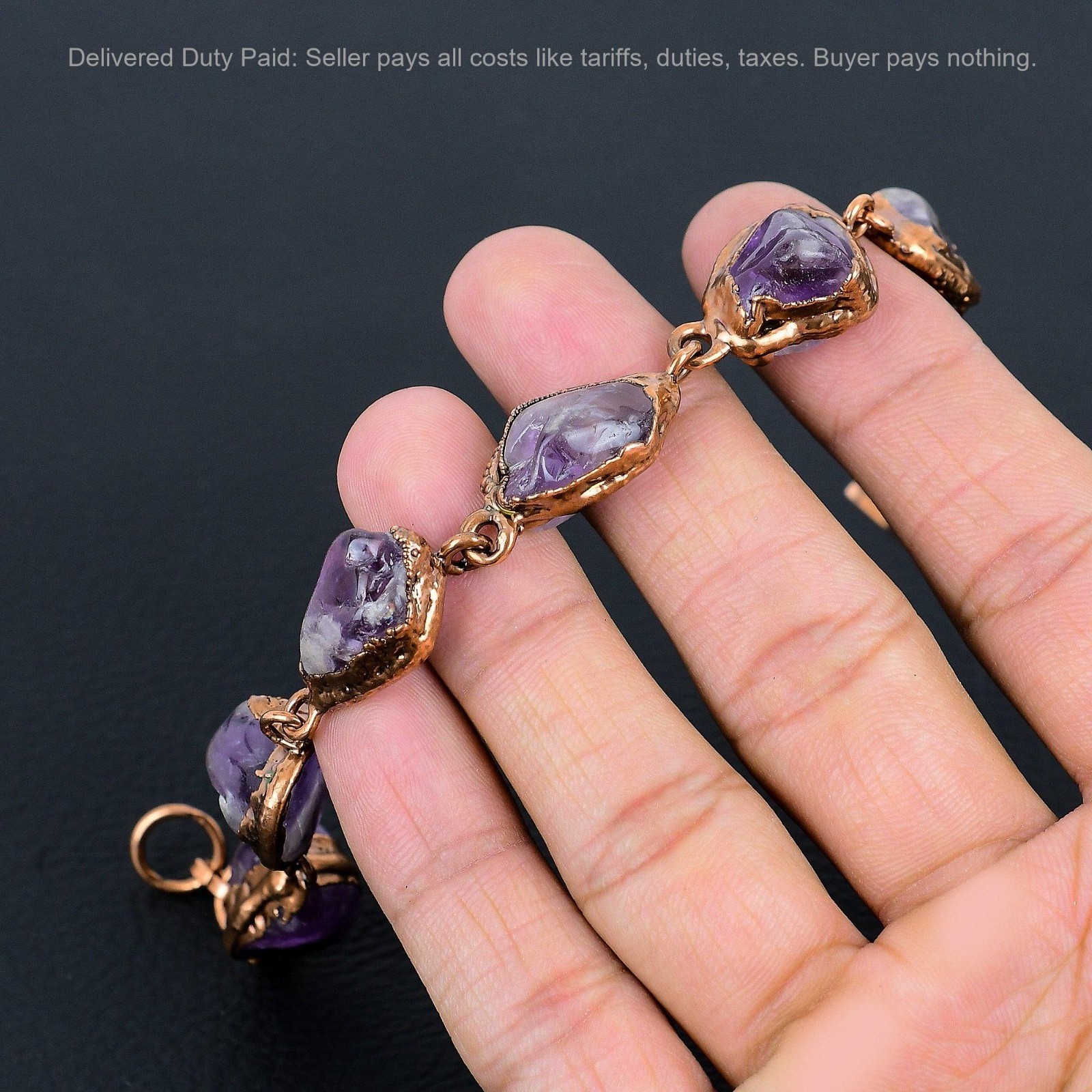 Copper Pentagon Super 23 Amethyst Gemstone Chain Electroformed Bracelet Jewelry