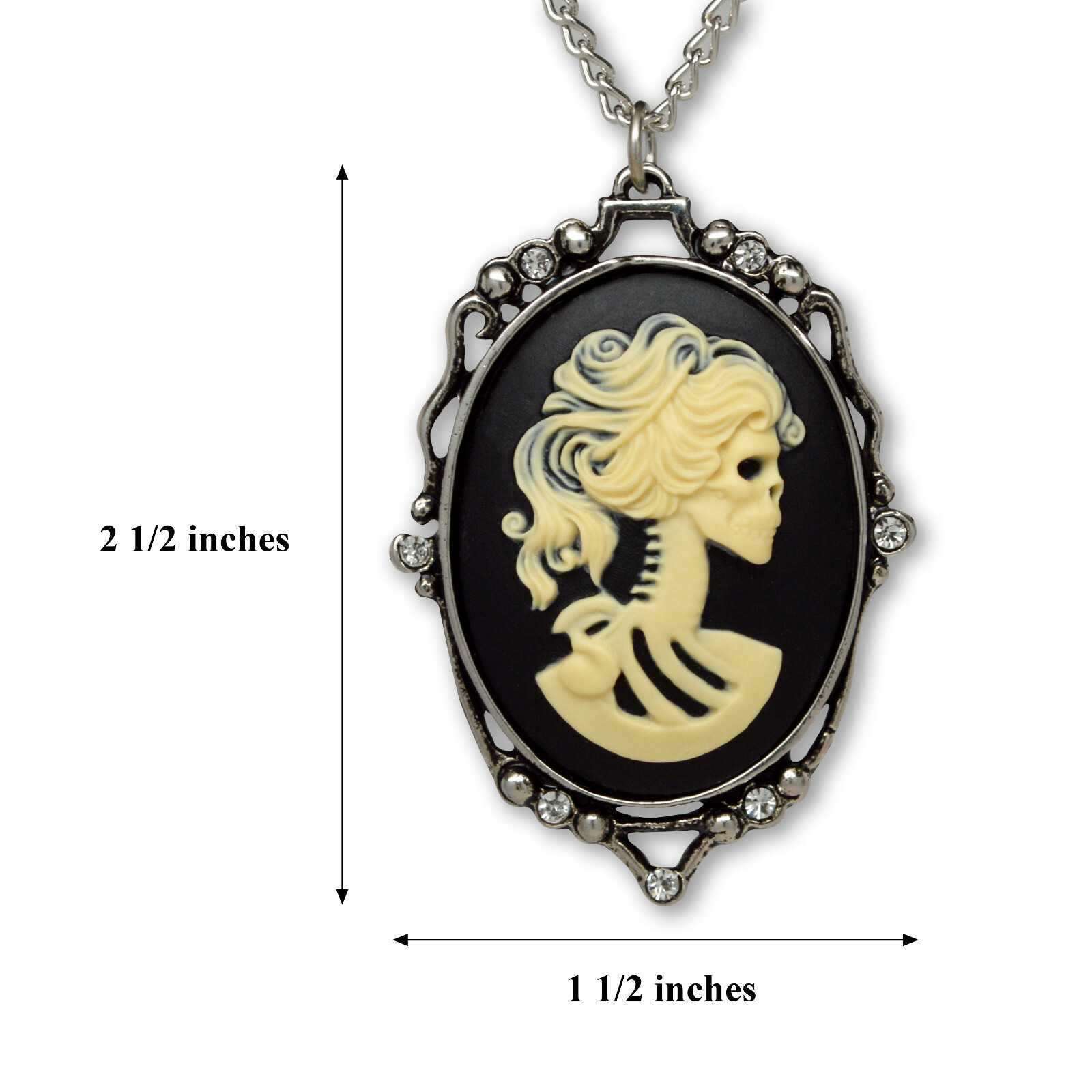 Gothic Lolita Cameo Ivory on Black with Crystals Pewter Pendant Necklace NK-610