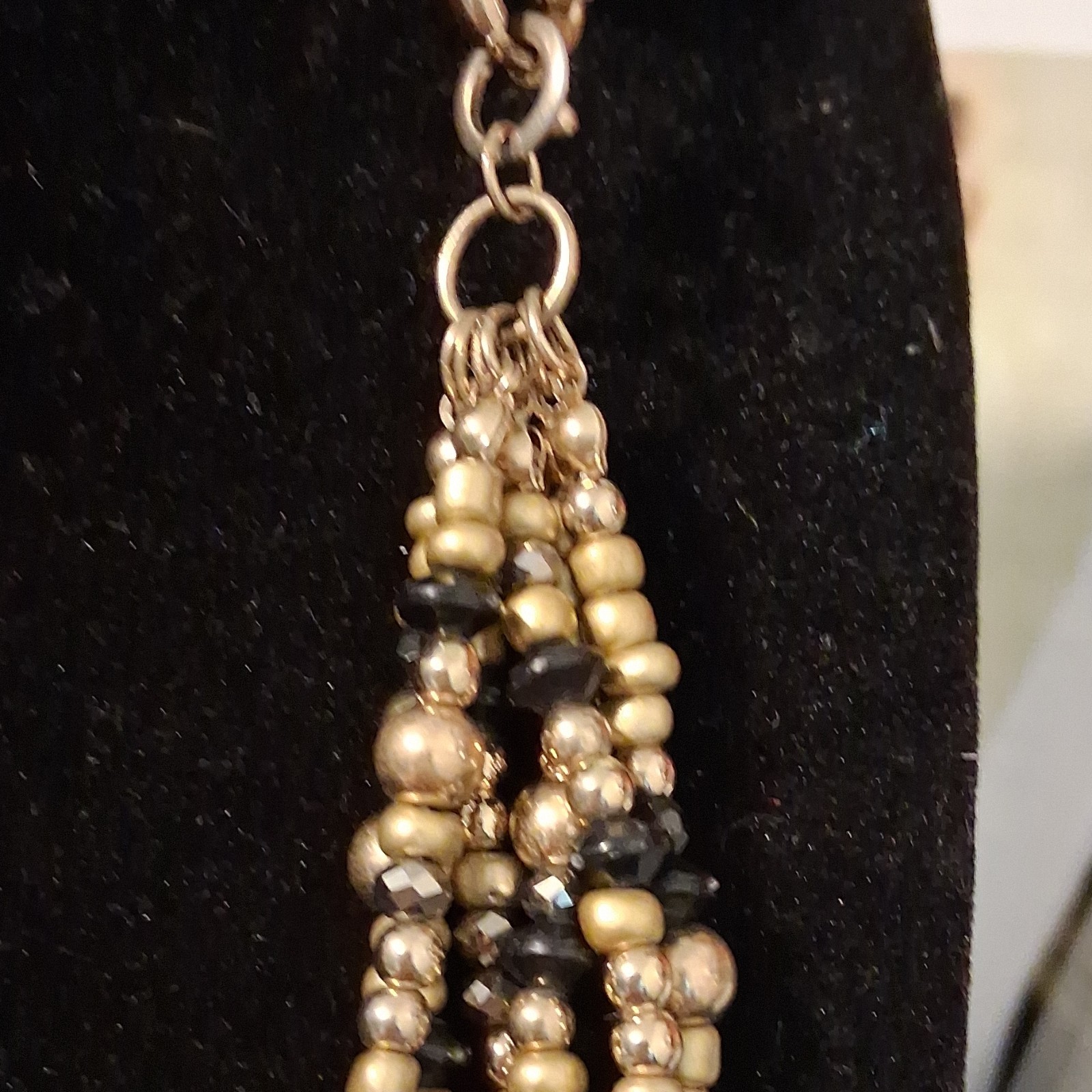 Multi-Strand Layered Gold & Black Beaded Crystal Glass Necklace Lobster Clasp