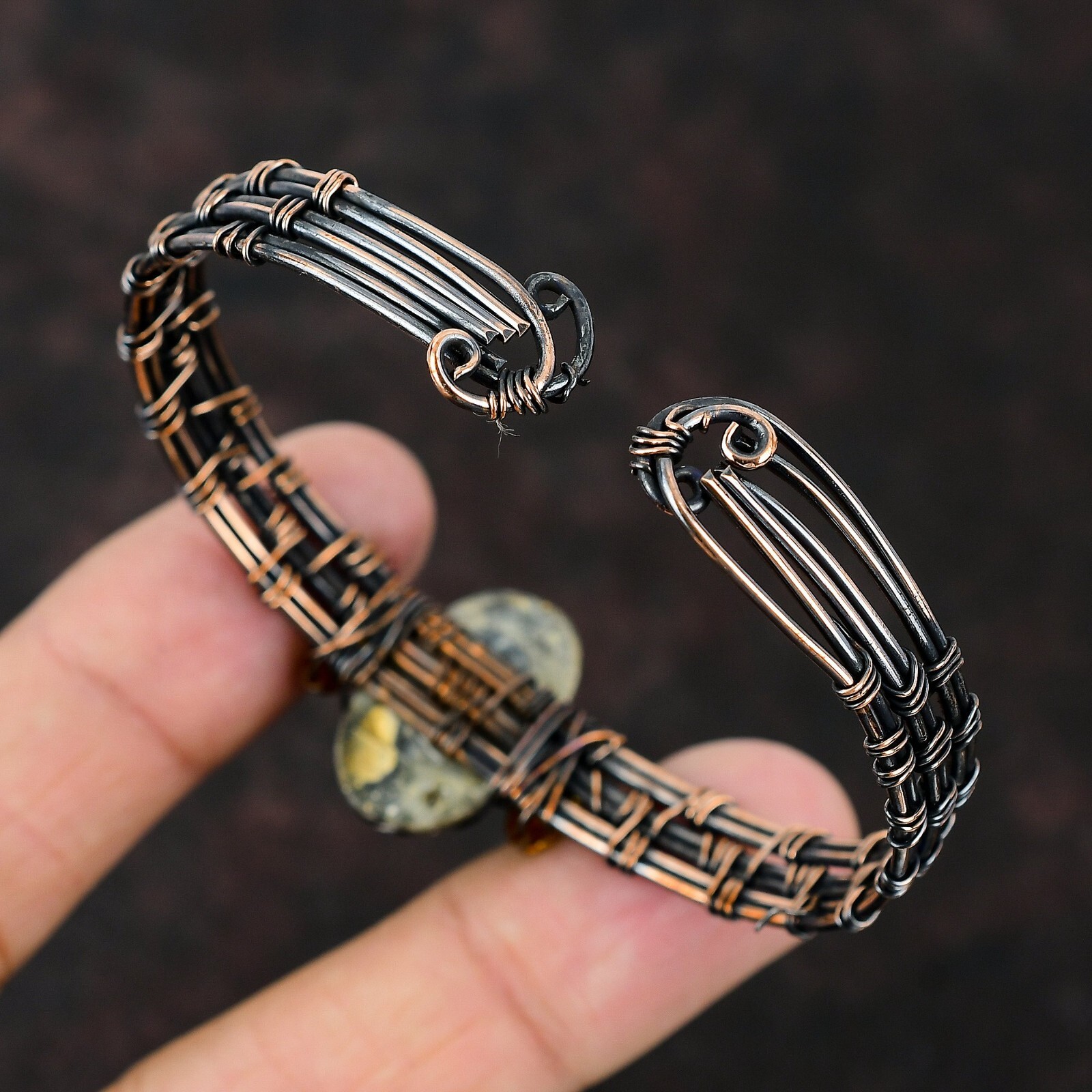 Gift For Her Maligano Jasper Wire Wrapped Adjustable Bangle Copper Jewelry