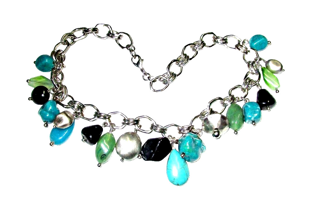 Chunky Chain & Glass Bead Necklace 17 Inches Long
