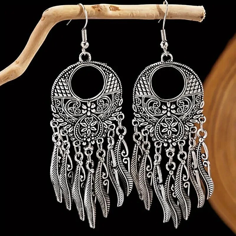 Boho 925 Sterling Silver Vintage Style Tibetan Tibet Dangle Drop Hook Earrings