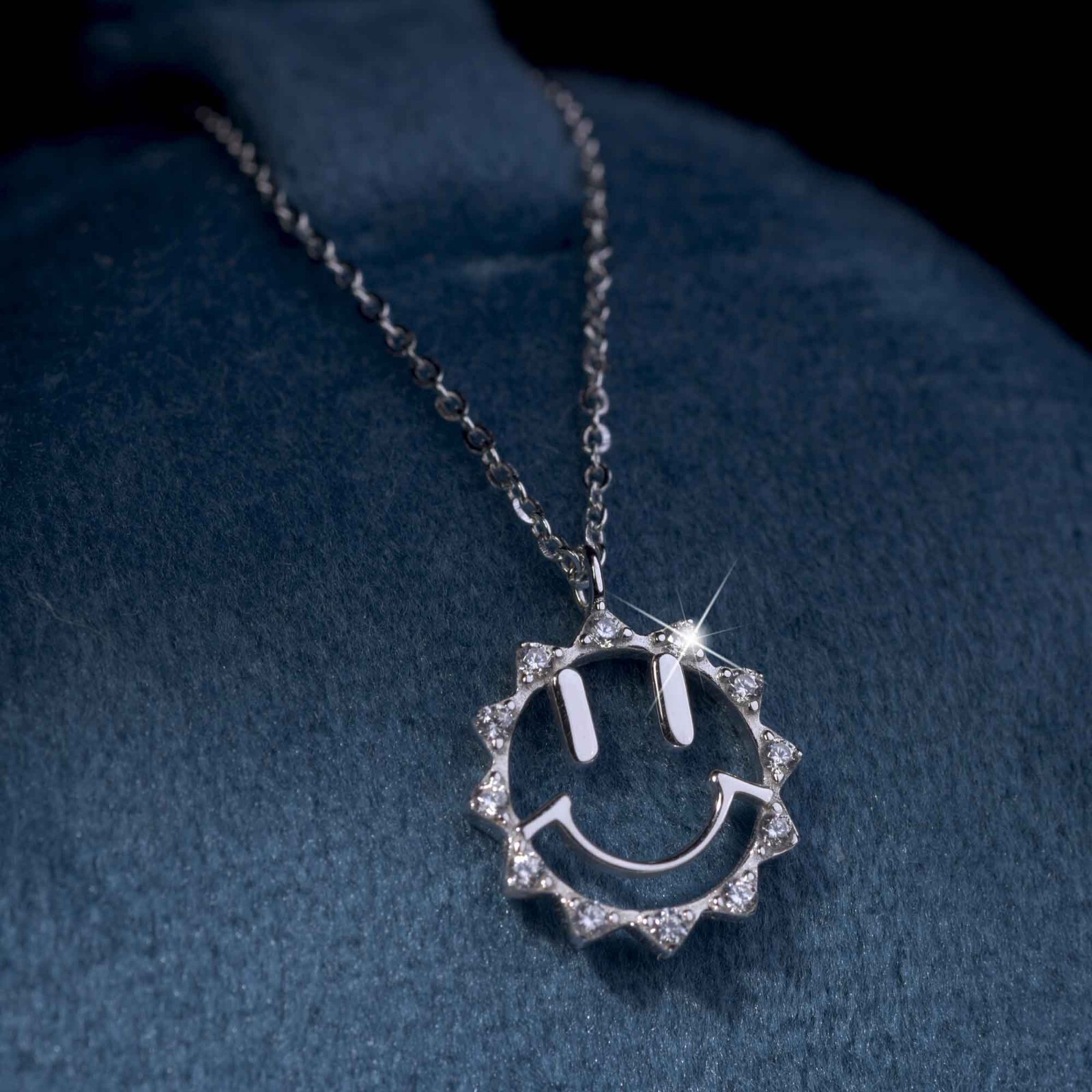 18k white gold 925 silver simulated diamond smile sun pendant chain necklace