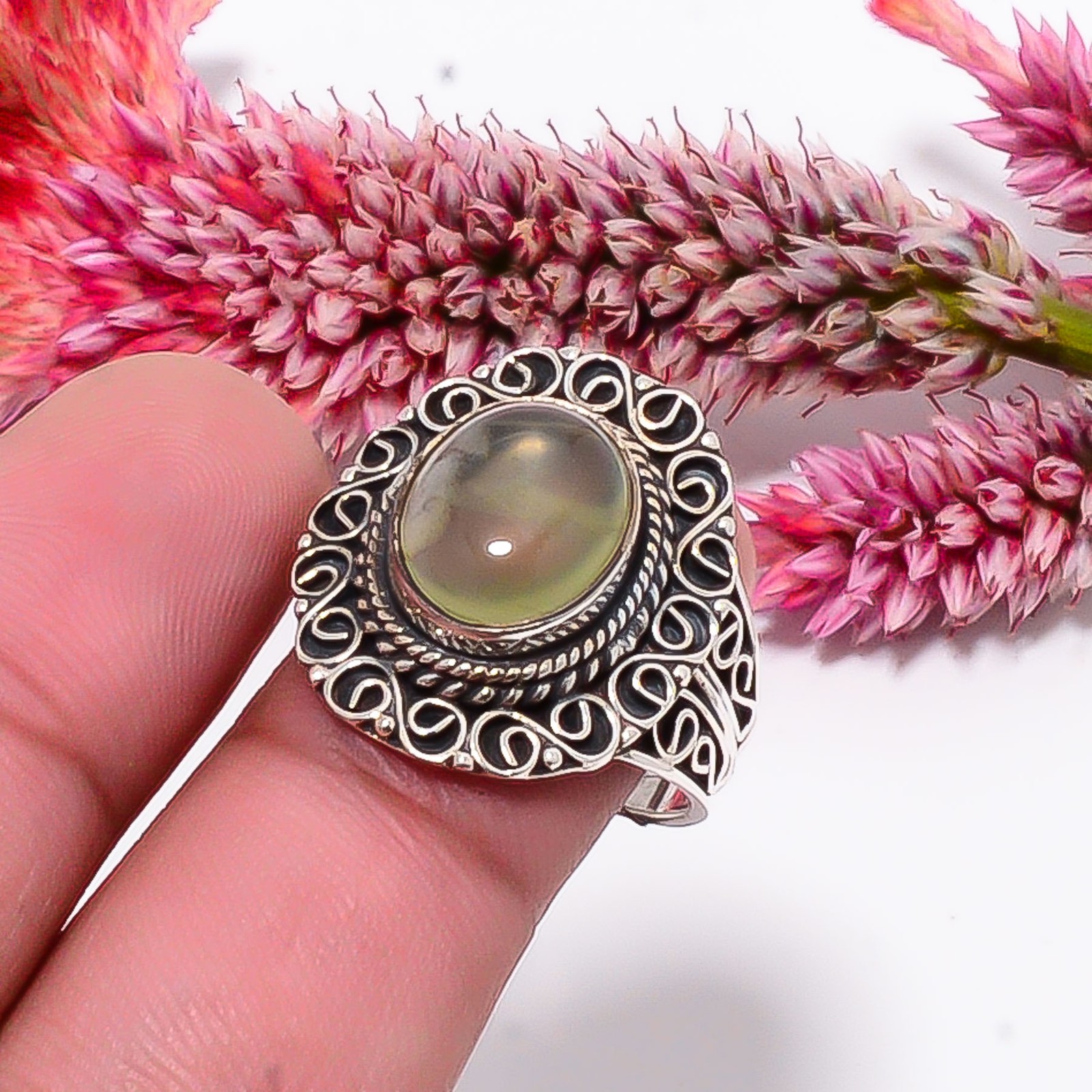 Prehnite – South Africa Fine Art Oxidised 925 Sterling Silver Ring S.9 R115529