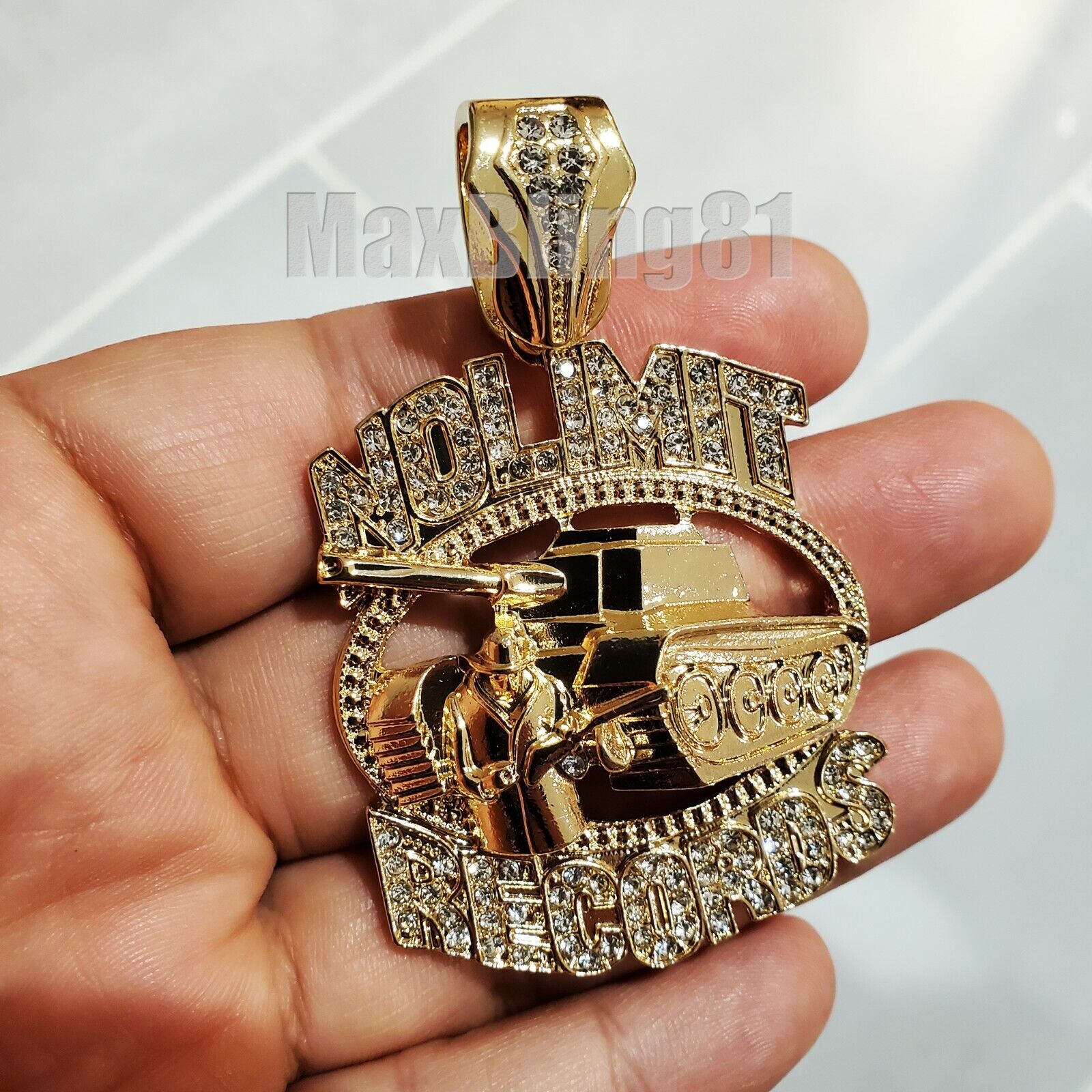 No Limit Records Tank Cubic Zirconia Pendant Gold Plated Cuban Chain Necklace