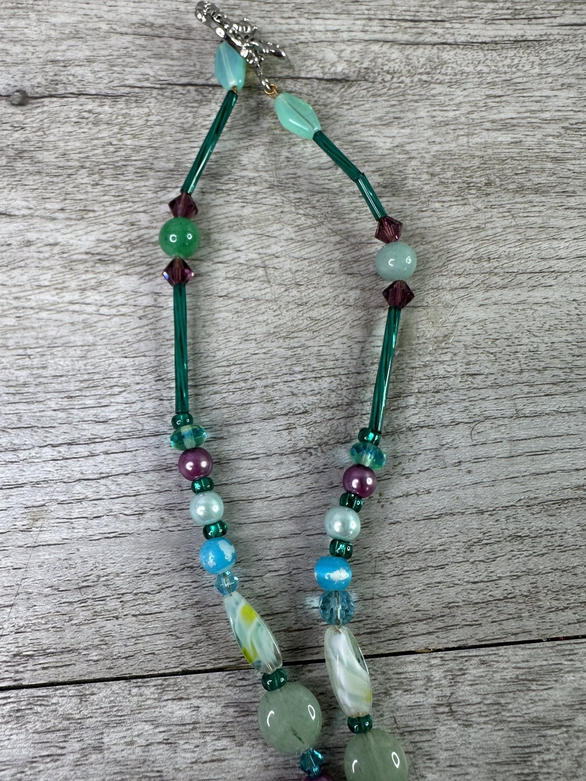 Artisan Beaded Necklace Teal Blue Purple Glass Stone Dragonfly Clasp
