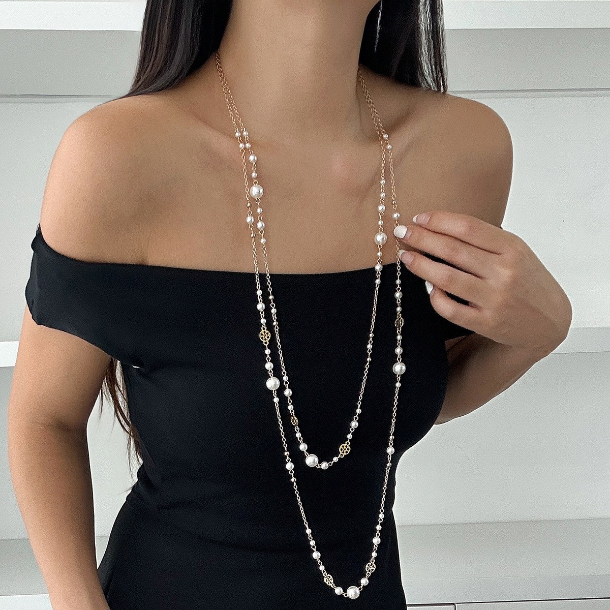 Long Layered Pearl Necklace Small and Large Faux Pearls Silver Tone Necklaces