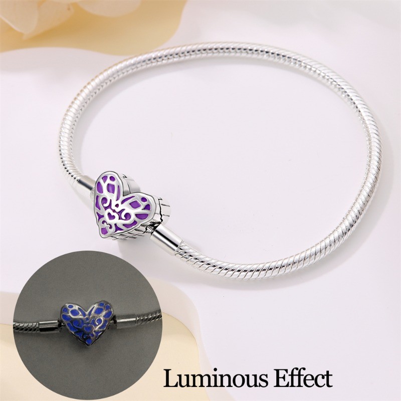 KUNSIR 925 Sterling Silver Bracelet Glow Retro Heart Charm Snake Chain Halloween