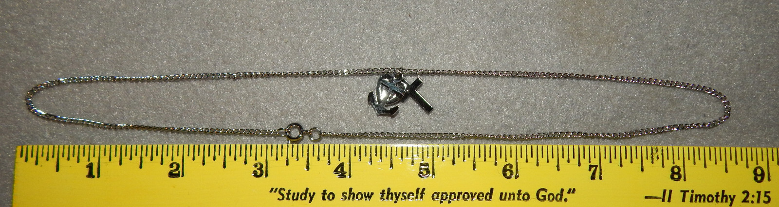 Vintage Necklace – 17″ chain, 1/2″ Faith (Cross), Hope (Anchor), Charity (Heart)