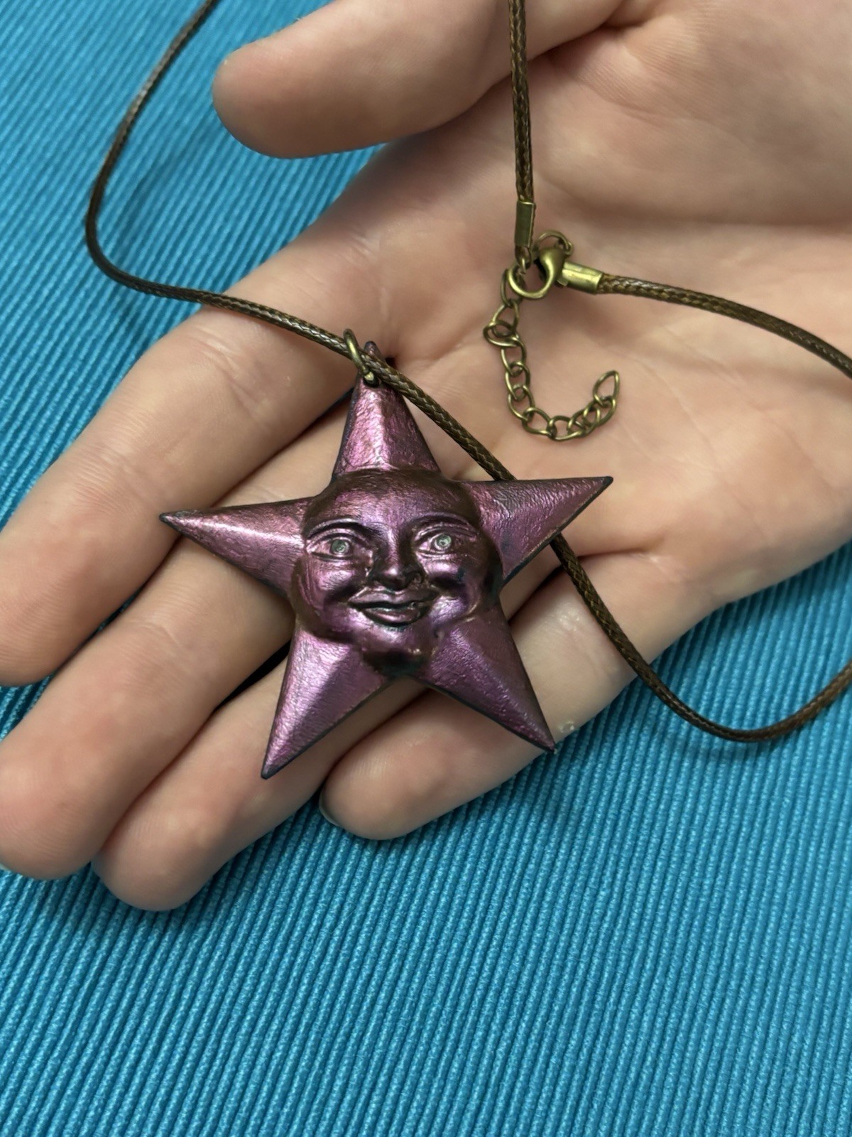 Star Moon double sided pendant on a cord necklace