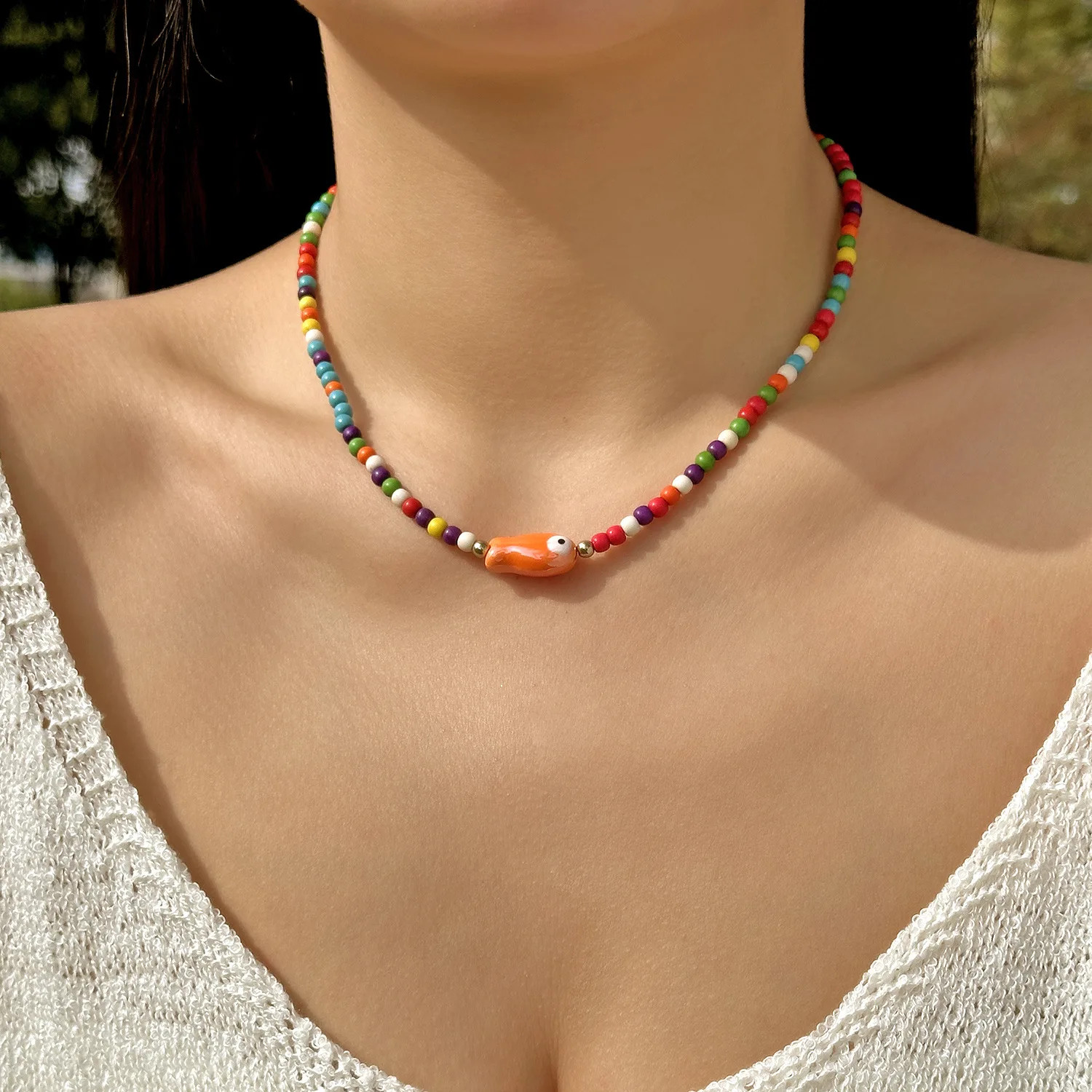 Bohemian Color Simple Ceramic Small Fish Rice Bead Necklace Female Collarbone Ch