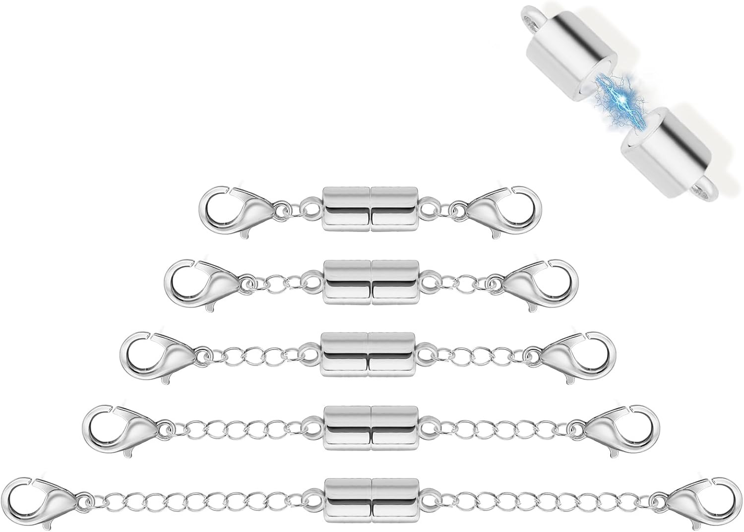 5Pcs Silver Magnetic Necklace Extender, Magnetic Necklace Clasps and Closures wi