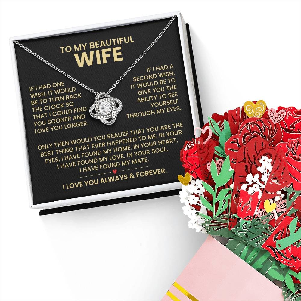 To My Wife Knot Necklace & Flower Bouquet Gift Set, Anniversary Valentines Gift