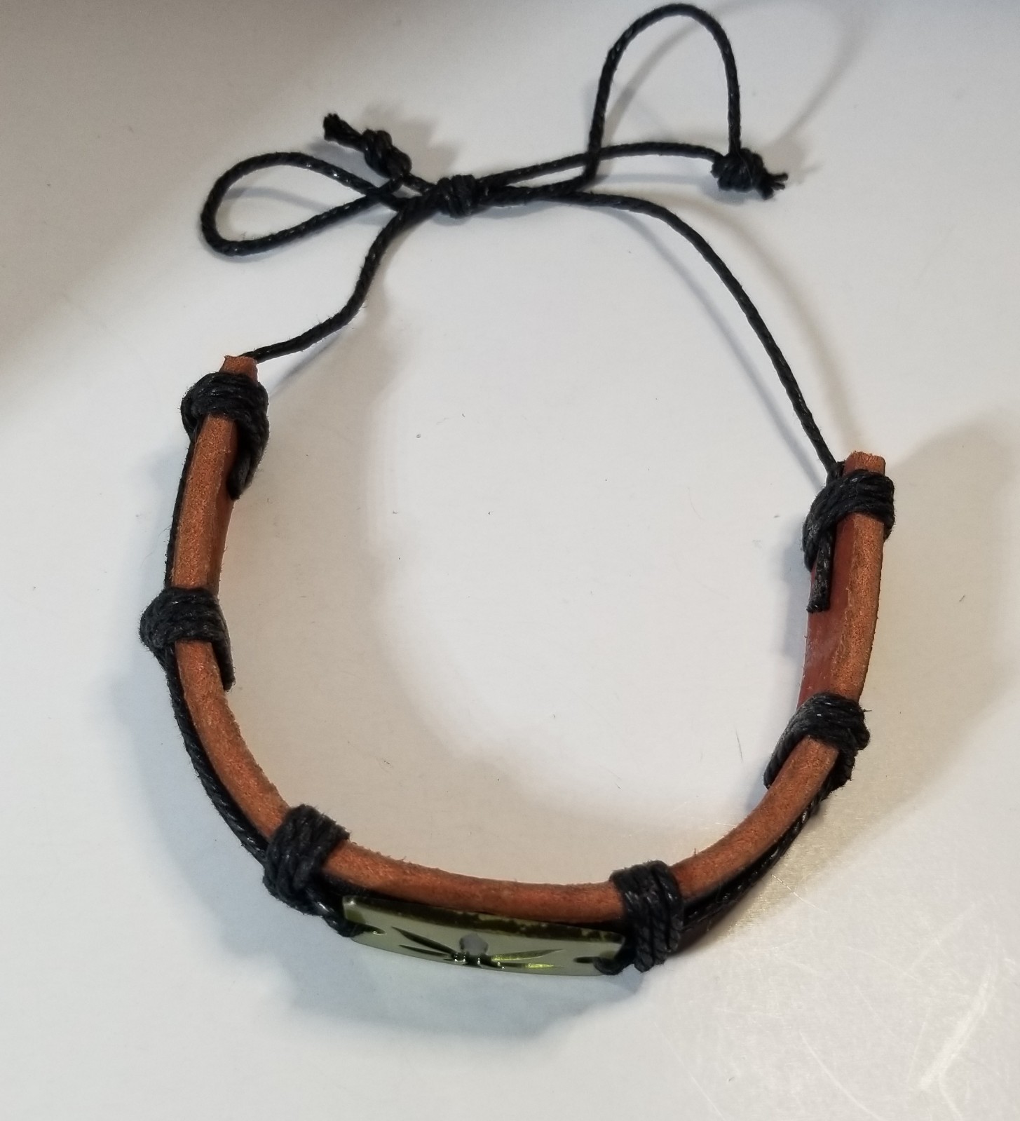 Marijuana Leaf Adjustable Bracelet. Unisex Weed Leaf Black Leather