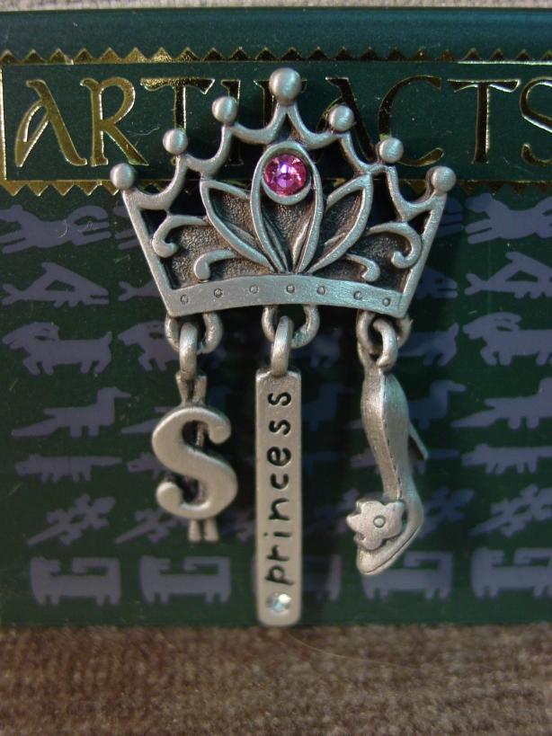 “JJ” Jonette Jewelry Silver Pewter ‘PRINCESS’ Crown with Charms Tack Pin