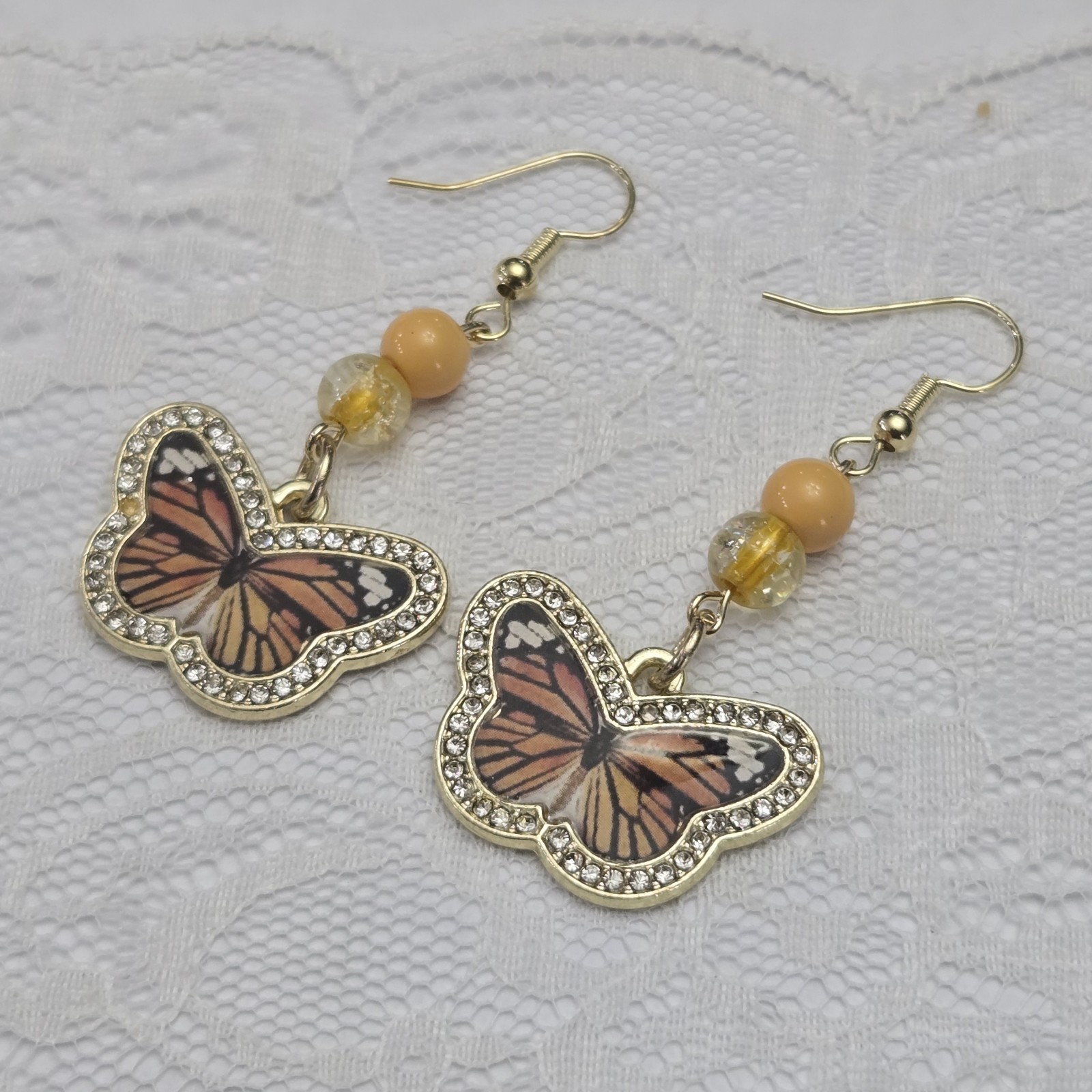 Earrings Butterfly Dangle Drop Beaded Gold Orange Yellow Animal Insect Nature
