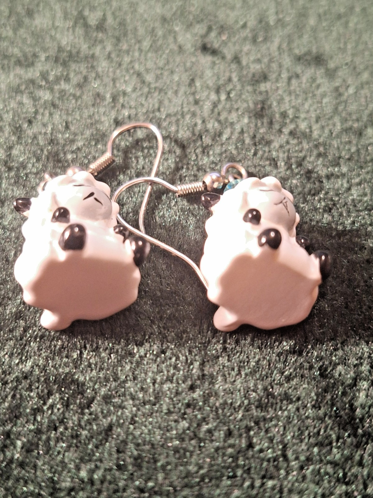 Sweet White w Gray Face Sleeping Lambs Glass Dangle Drop Hook Earrings