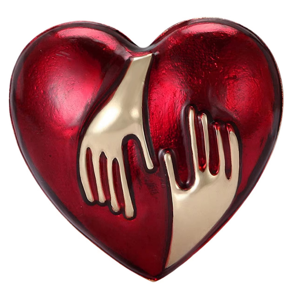 Valentine’s Day Red Enamel Heart Brooch Interlocking Hands Love Pin Jewelry Gift