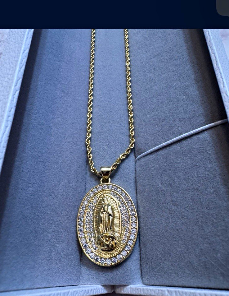 18k Gold Plated Rope Chain Necklace 24k plated Oval Religious Pendant Clear CZ