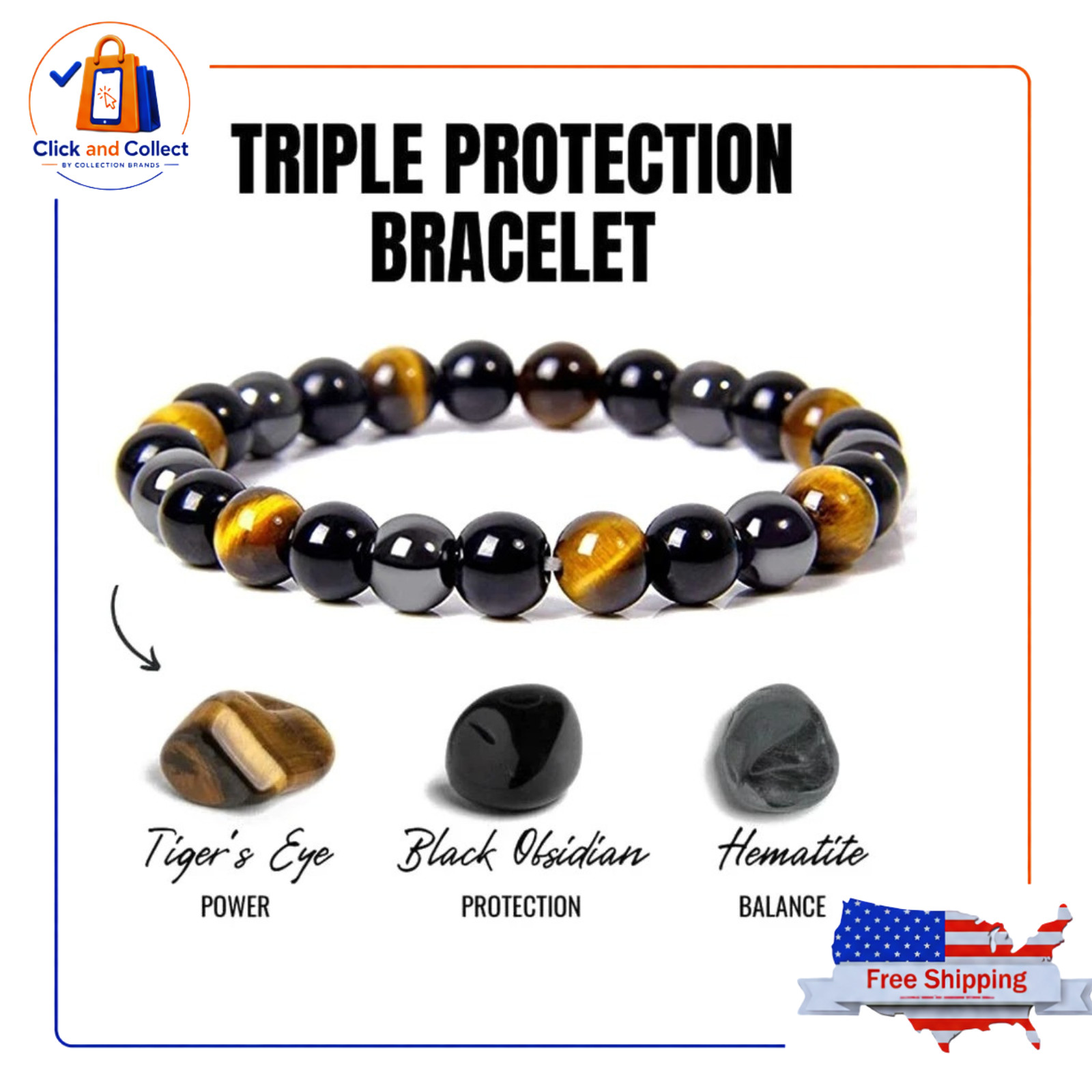 Energy Healing Stretch Bracelet Natural Stone Hematite Tiger Eye for Men Women