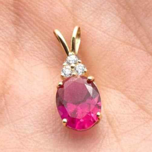 14k Yellow Gold 2.2Ct CZ & Oval Ruby Solitaire Charm Pendant 0.8″