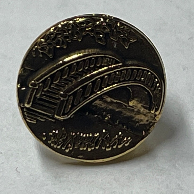 Bridge over water gold tone scene pin. unisex adults.