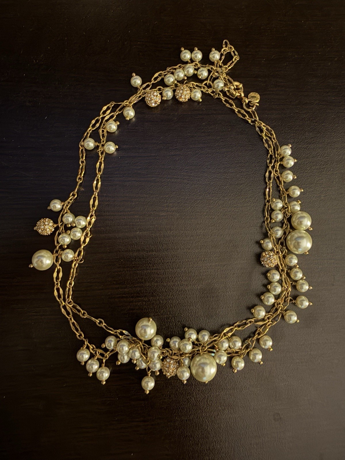 J Crew Gold Tone Multi Layered Necklace With Faux Pearls 38”
