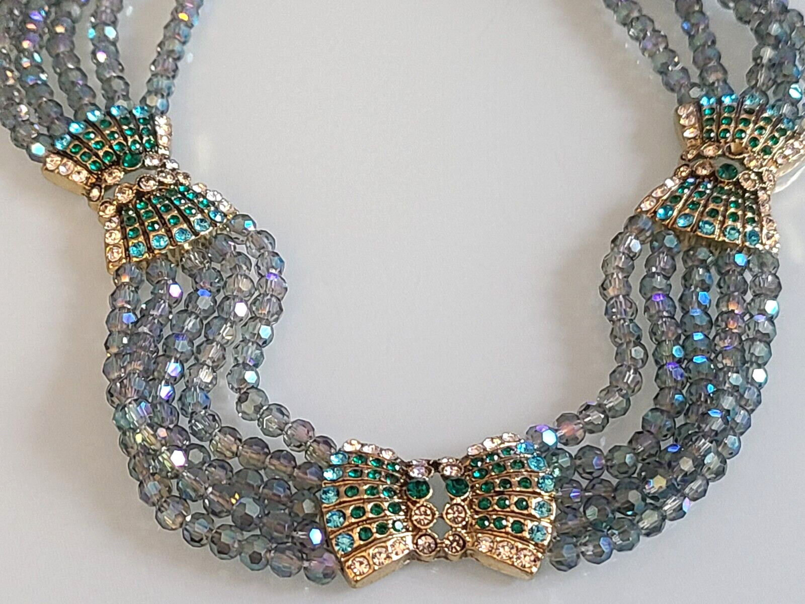 FAB DESIGNER UNSIGNED 5 STRAND CRYSTAL BIB AURORA BOREALIS BOW NECKLACE WOWSER