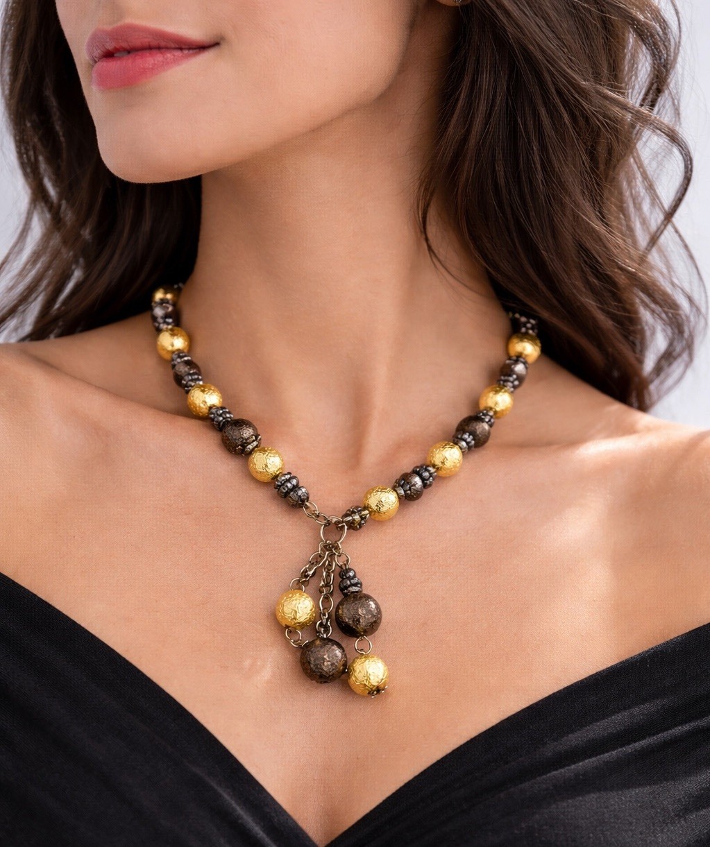 Gold Tone Black Beaded Statement Necklace Textured Ball Toggle Clasp Jewelry