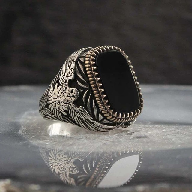 Men Vintage Signet Ring Turkish Silver Tone Green Zircon Carved Biker Punk
