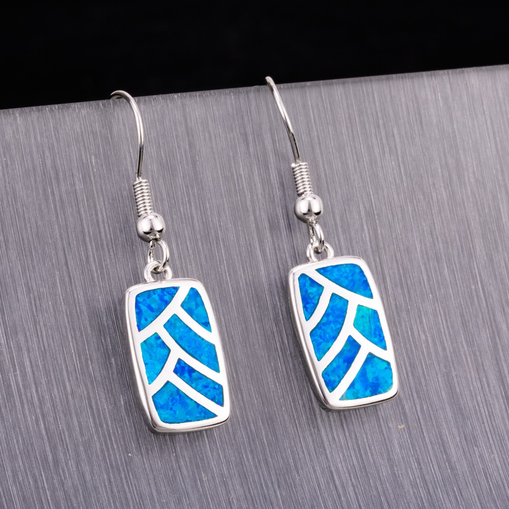 Rectangle Shape Ocean Blue Fire Opal Silver Jewelry Dangle Drop Earrings
