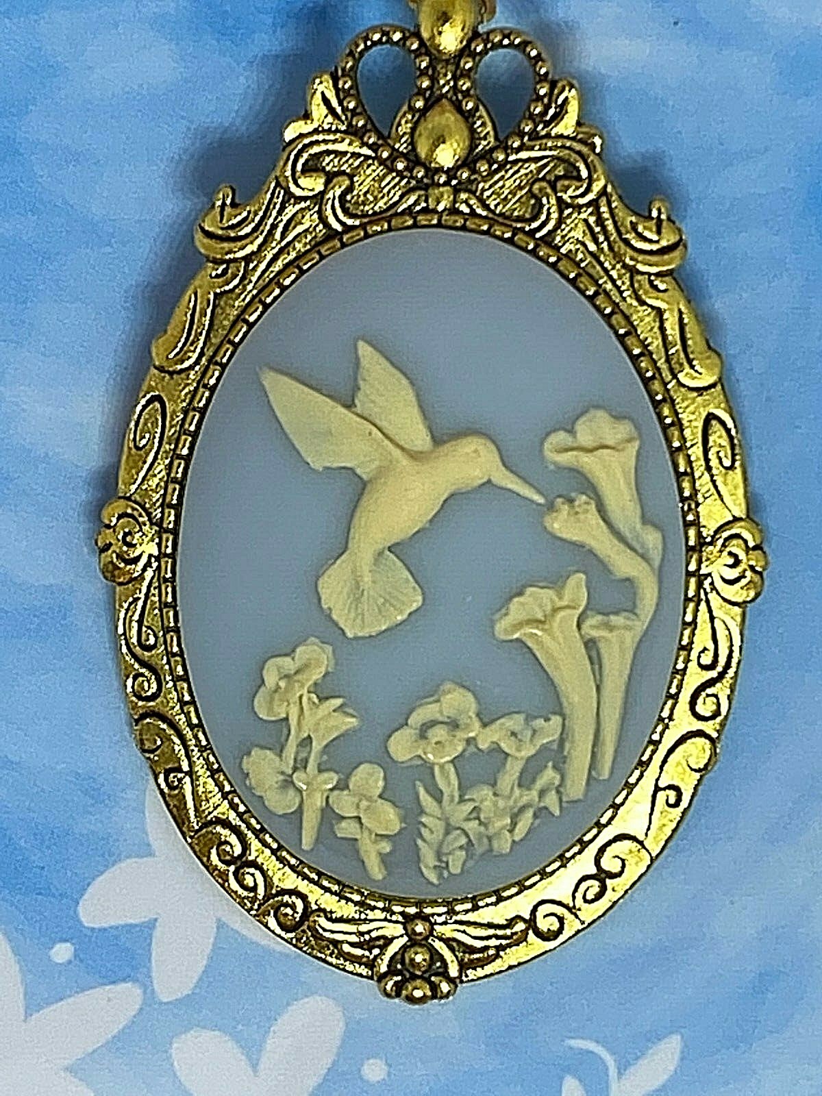 Hummingbird White Blue Cameo Gold Pendant Necklace Brooch Mom VALENTINES Gift