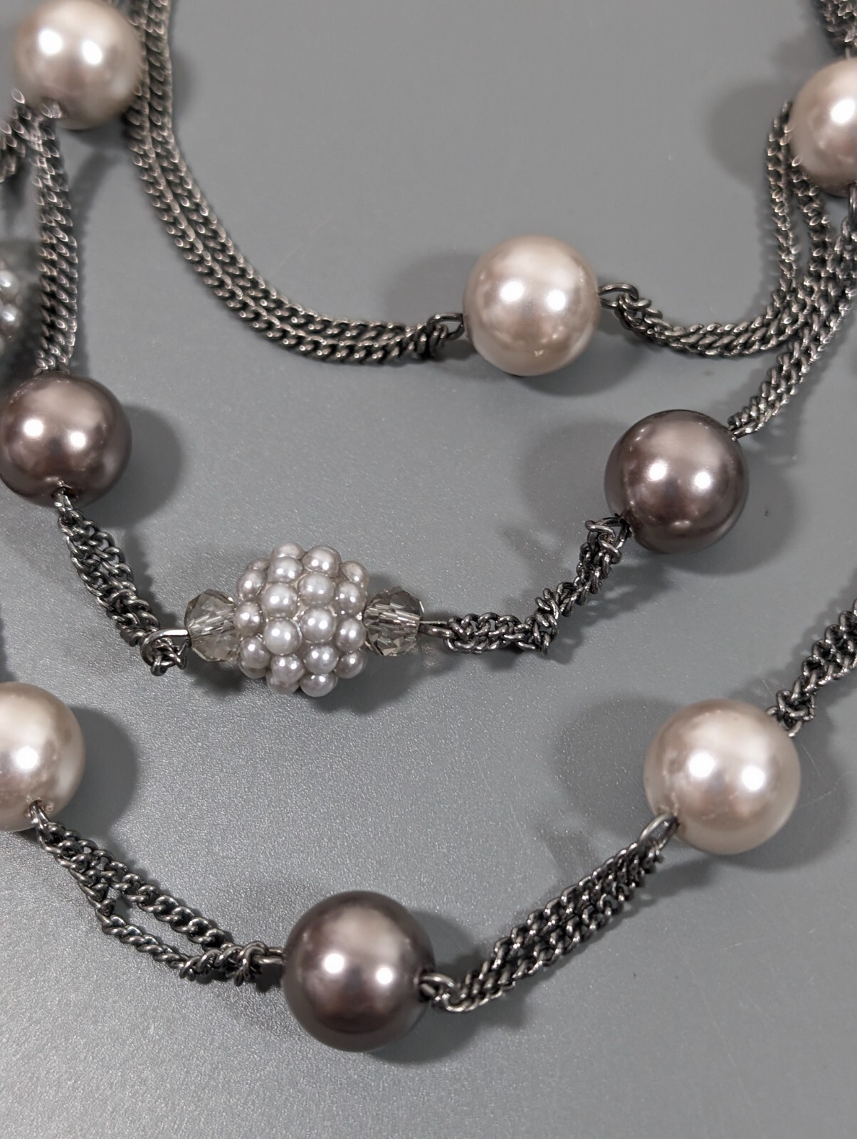 Roman Gray Faux Pearl Station Multi Chain Layered Statement Neckalce Whimsigoth