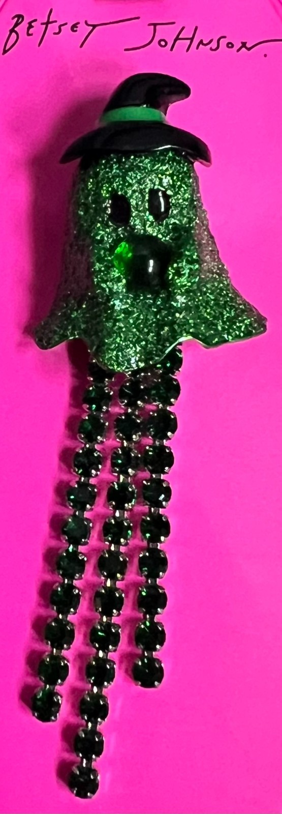 Betsy Johnson Halloween Ghost Witch Green Ghost Brooch Rhinestones & Glitter