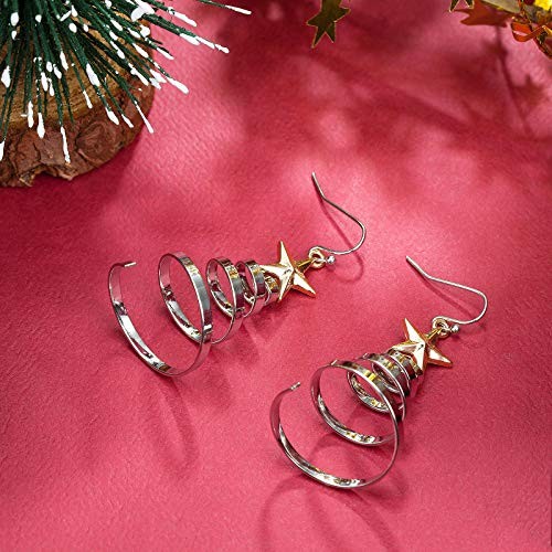 Handmade Christmas Tree Dangle Hoop Earrings Golden Silver Two Tone Women